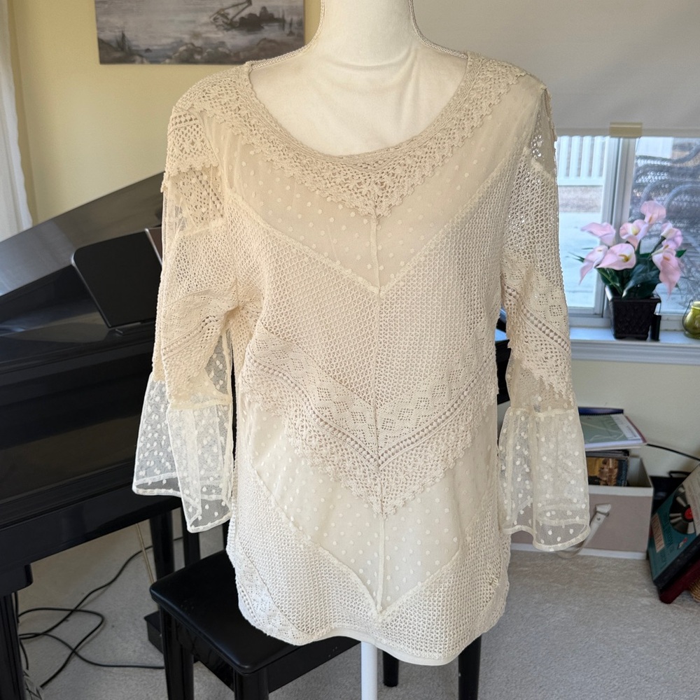 Lace Cotton beige tunic sheer bell butterfly sleeves crochet romantic top